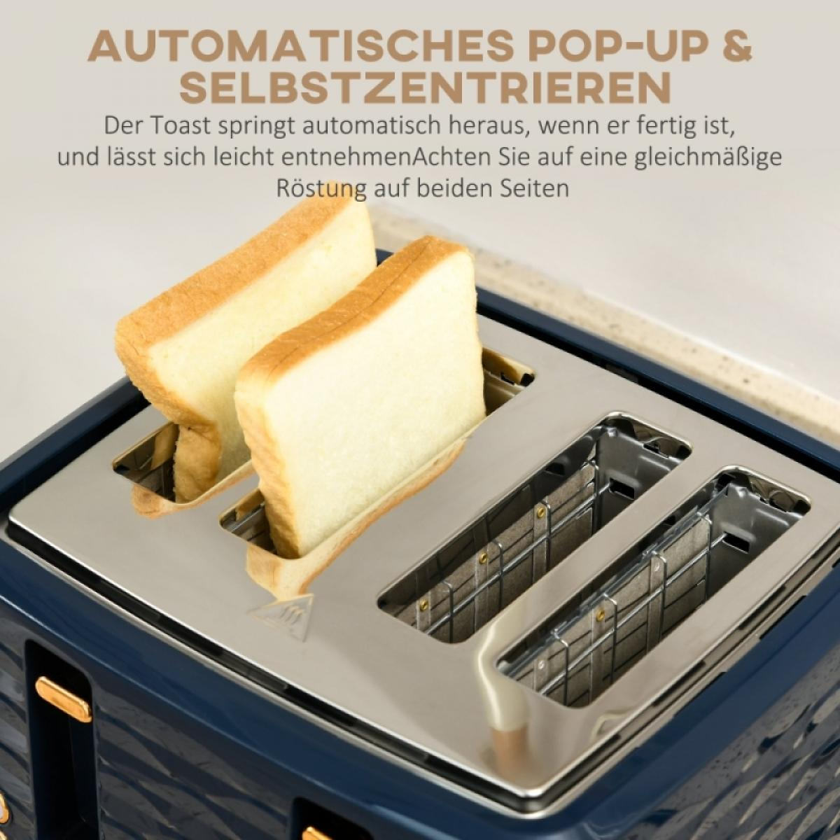 Ein Toaster mit zwei Brotscheiben. Der Toaster ist blau mit silbernen Akzenten. Der Text oben lautet 'automatisches Pop-up'.