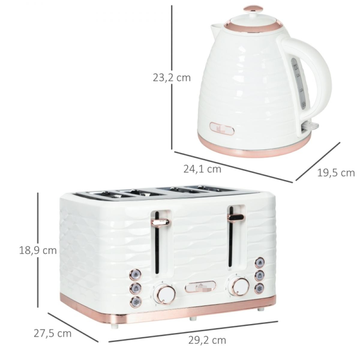 Ein weißes Wasserkocher- und Toaster-Set mit roségoldenen Akzenten. Abmessungen sind angegeben. Der Hintergrund ist weiß.