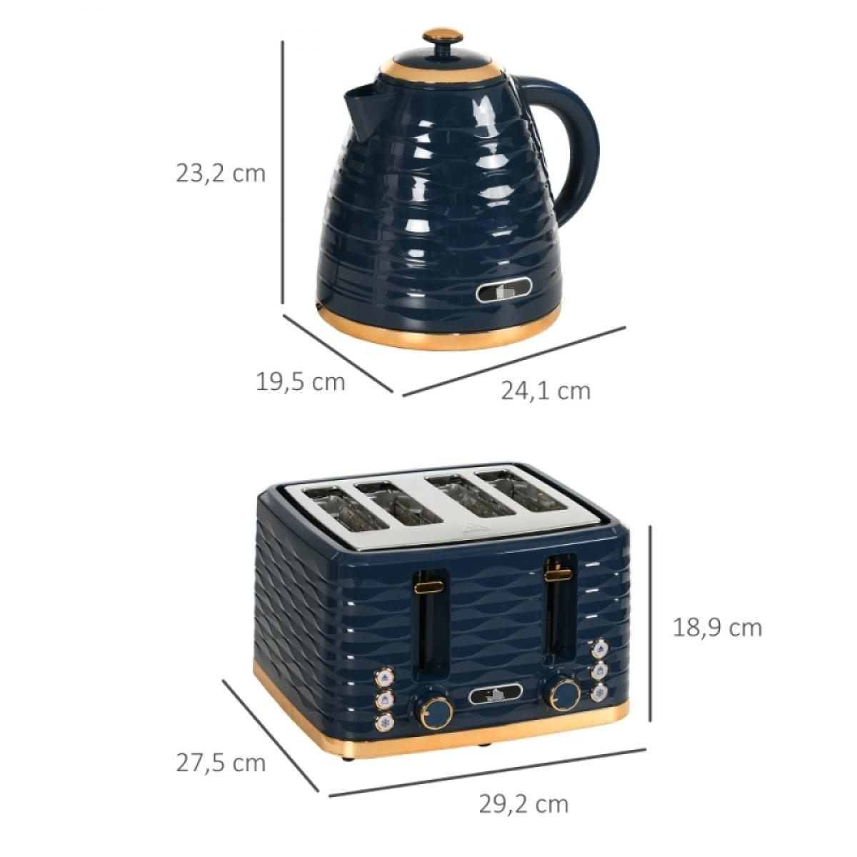 Ein marineblaues Wasserkocher- und Toaster-Set mit goldenen Akzenten. Abmessungen sind angegeben. Der Wasserkocher steht über dem Toaster.