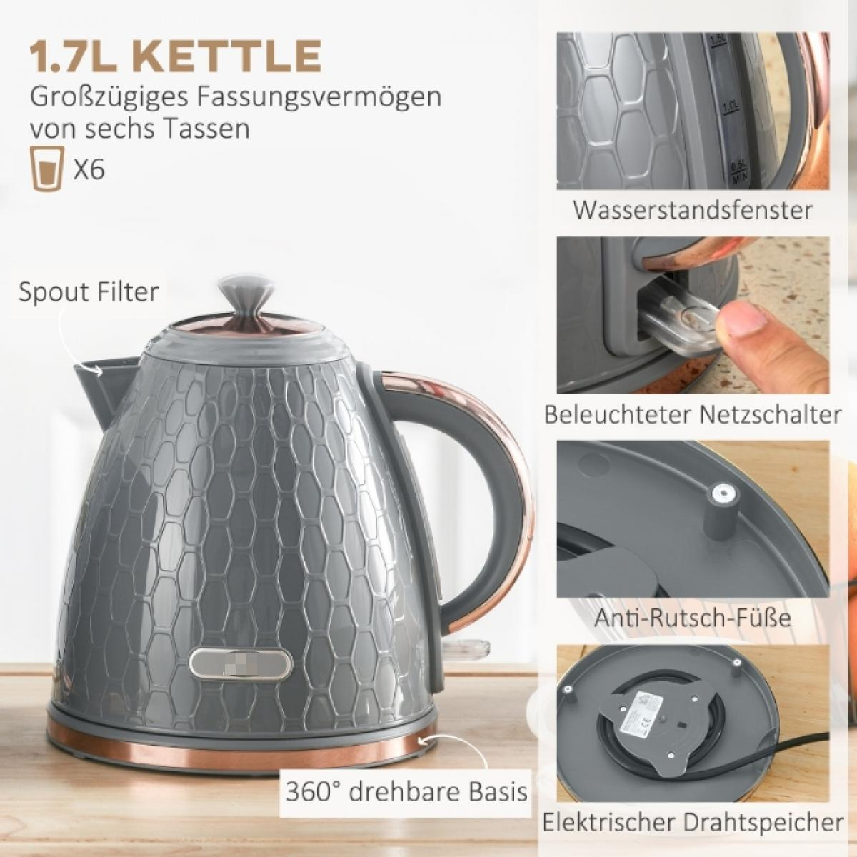 Ein grauer Wasserkocher mit kupferfarbenem Boden und Akzenten. Merkmale sind ein Ausgussfilter, ein Wasserstandfenster und ein beleuchteter Schalter.