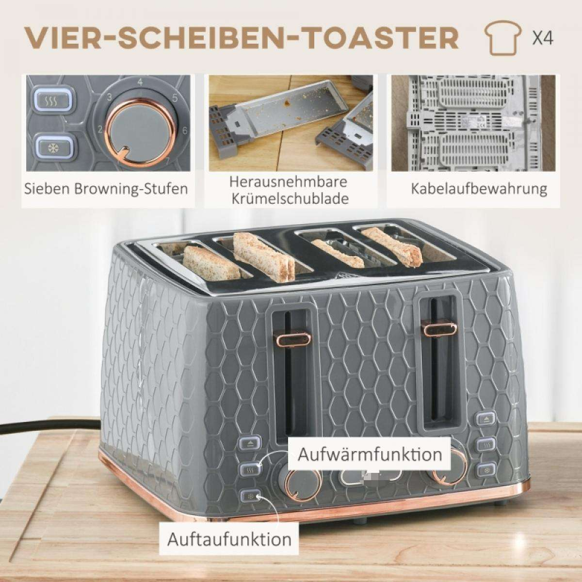Ein Vier-Scheiben-Toaster mit grauem Wabenmuster, Kupferakzenten und mehreren Funktionen. Er hat Brot und Bedienknöpfe.