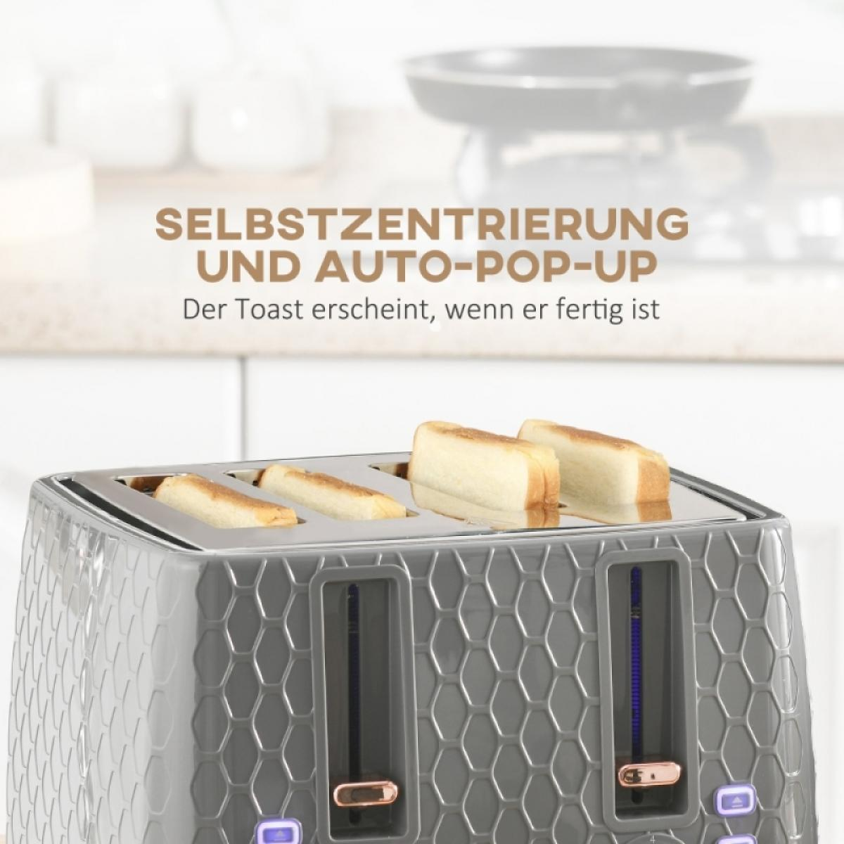 Ein grauer Toaster mit vier Schlitzen, mit Toastbrot. Der Text darüber lautet 'Selbstzentrierung und Auto-Pop-up'.