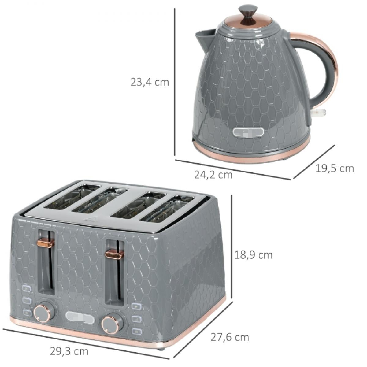Ein graues Toaster- und Wasserkocher-Set mit roségoldfarbenen Akzenten. Der Toaster hat vier Schlitze, und beide haben ein Wabenmuster.