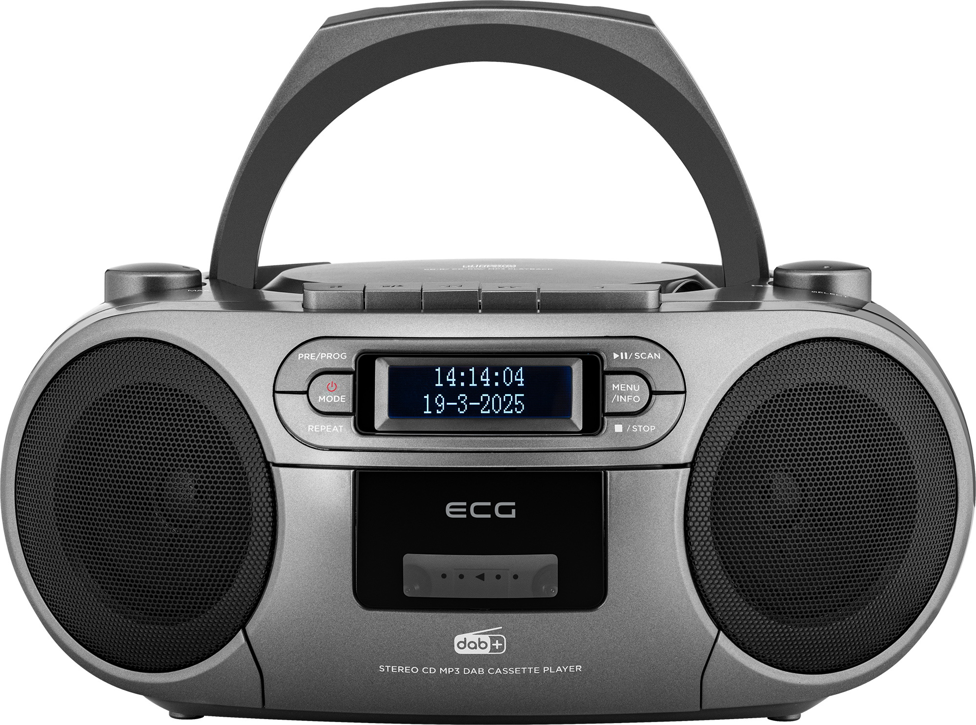 Graue Boombox mit Griff, Lautsprechern und Digitalanzeige mit Uhrzeit und Datum. Es hat einen CD-Player und DAB+.