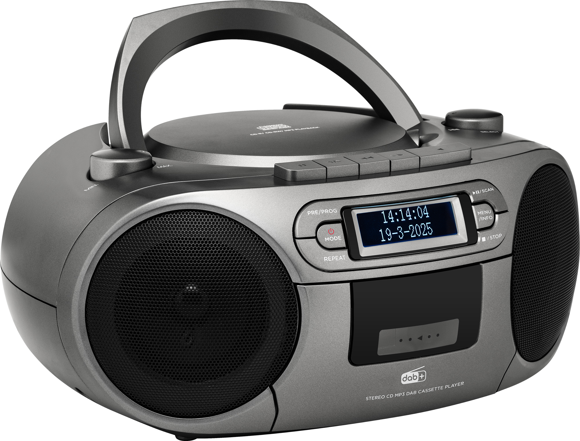 Graue Boombox mit Griff, Lautsprechern und digitaler Anzeige von Uhrzeit und Datum. Es hat Tasten für verschiedene Funktionen.