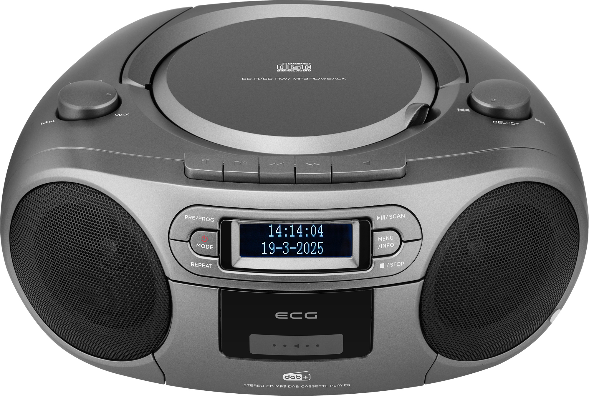 Ein grauer Stereo-CD-Player mit Lautsprechern, Tasten und einem Digitaldisplay, das Uhrzeit und Datum anzeigt. Er hat ein CD-Fach.