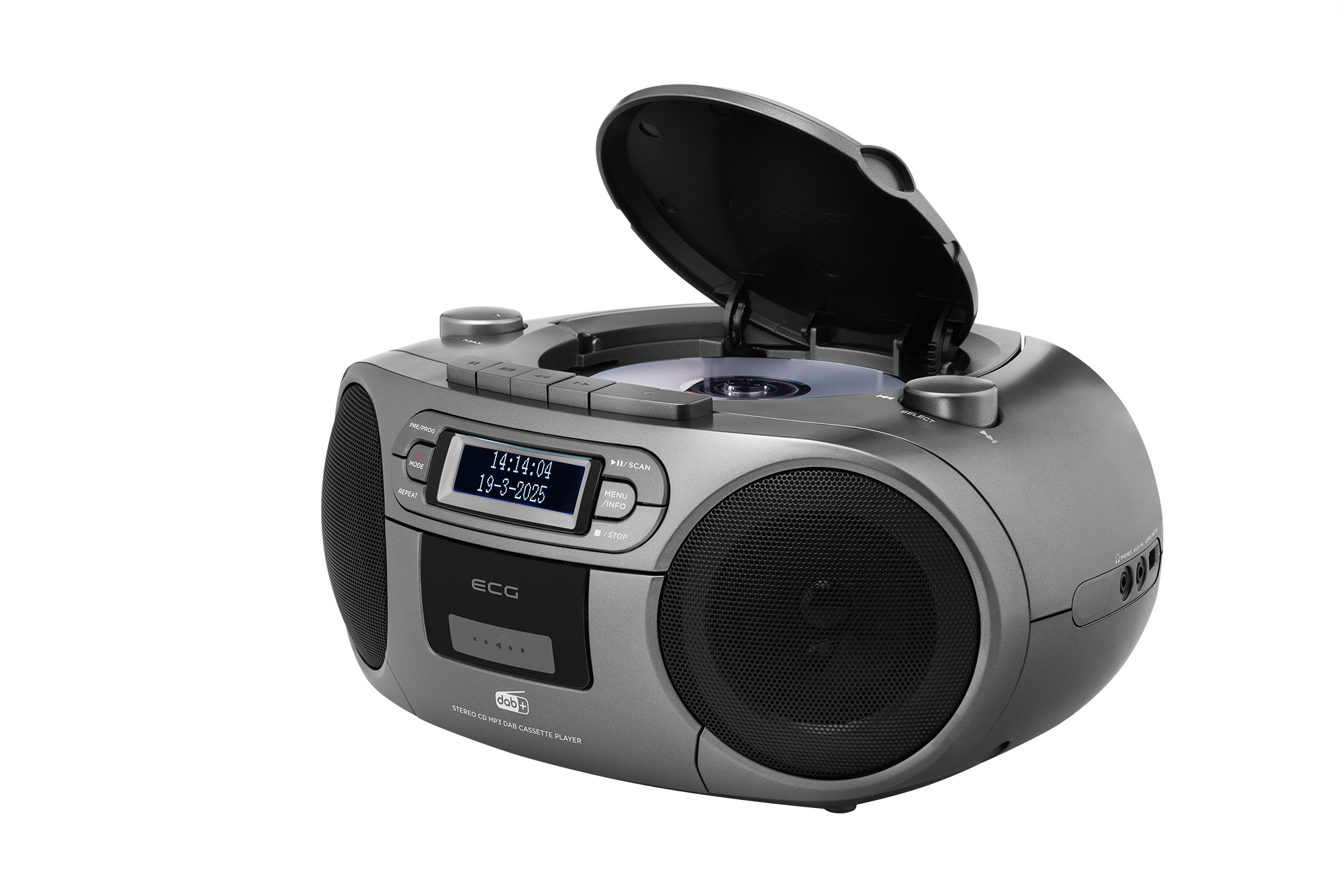Ein graues Stereo mit offenem CD-Player, der Uhrzeit und Datum anzeigt. Es hat zwei Lautsprecher und die Marke ist ECG.