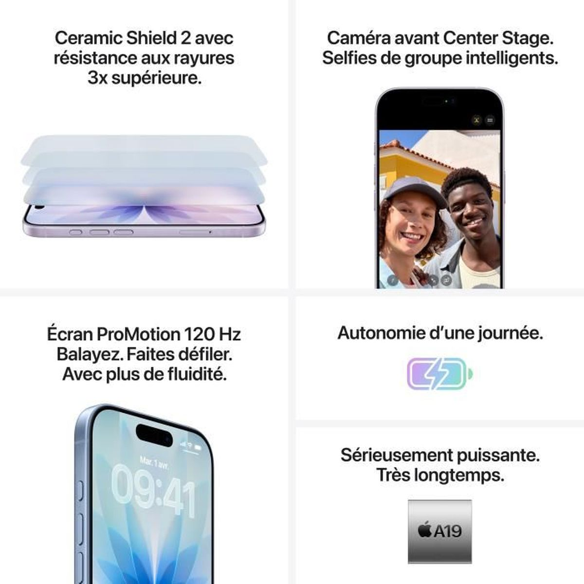 Obraz przedstawia iPhone'a z Ceramic Shield, selfie Center Stage, wyświetlaczem ProMotion, baterią na cały dzień i chipem A19, z tekstem po francusku.