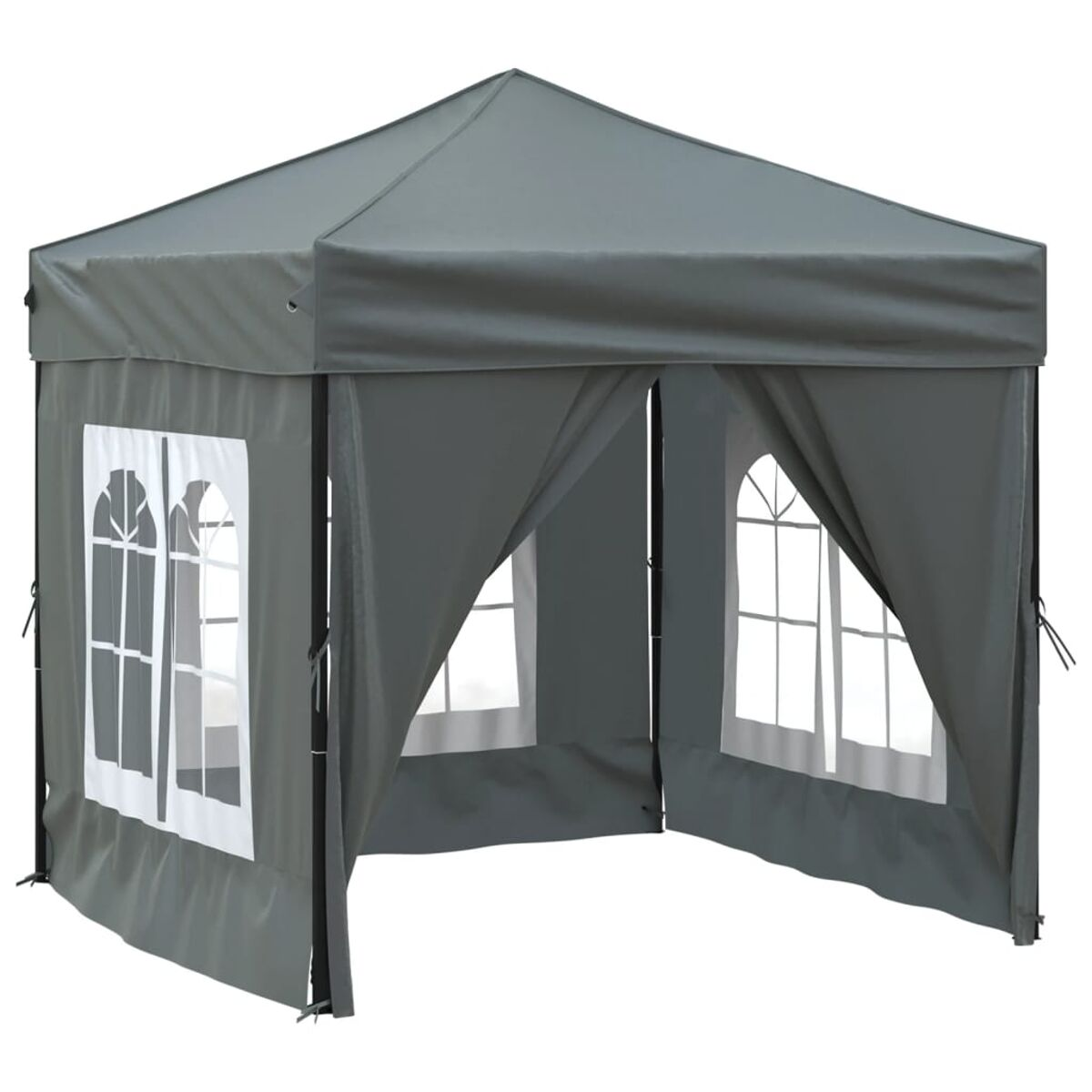 Un gazebo grigio con finestre con cornice bianca. Il gazebo ha un tetto a punta e lati aperti. Lo sfondo è bianco.