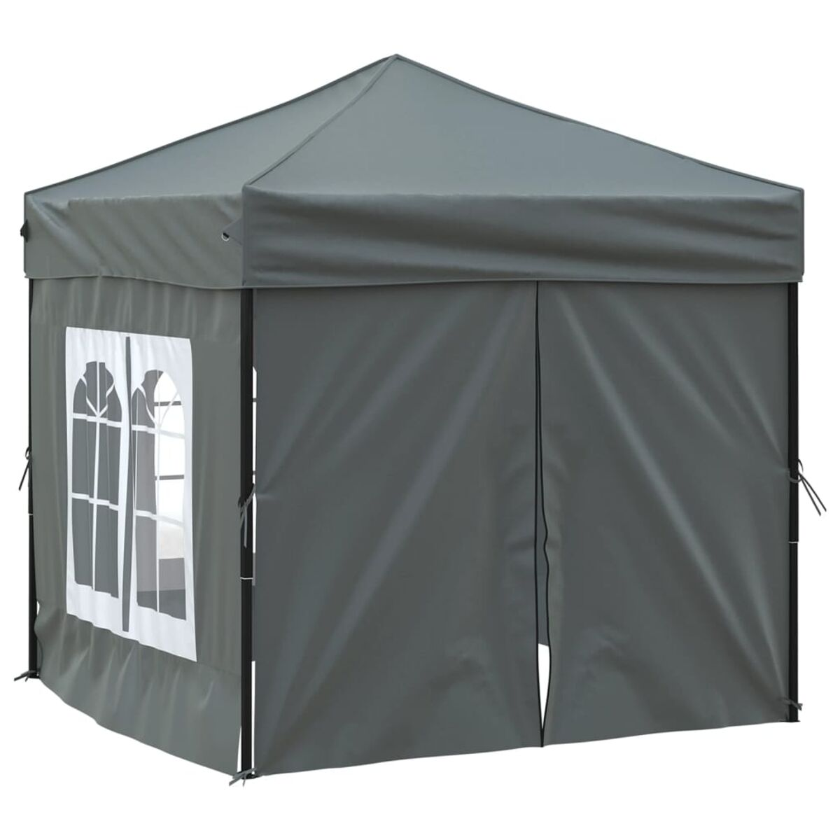 Una tenda grigia pop-up con tetto a punta e una finestra con vetri ad arco. Ha una zip frontale e travi di supporto nere.
