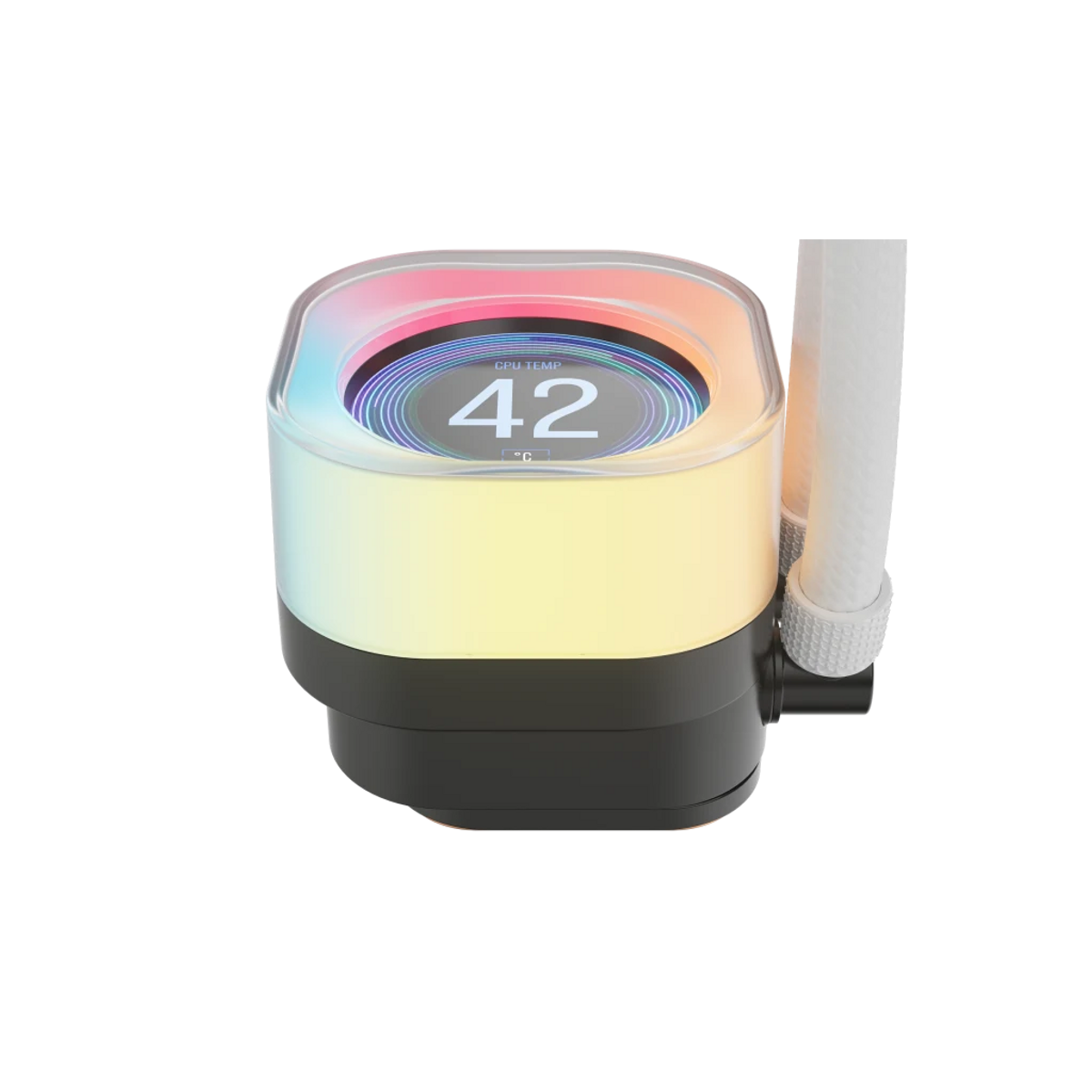 Chłodnica procesora pokazuje 42 stopnie. Ma czarną podstawę, przezroczysty wierzch z kolorowymi światłami i białą rurkę.