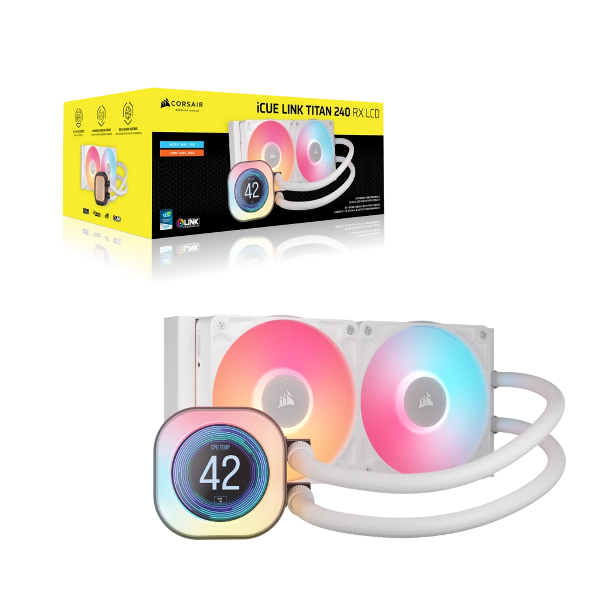 Chłodnica Corsair iCUE LINK TITAN 240 RX LCD. Posiada wyświetlacz pokazujący 42 stopnie. Pudełko jest żółto-czarne z logo.
