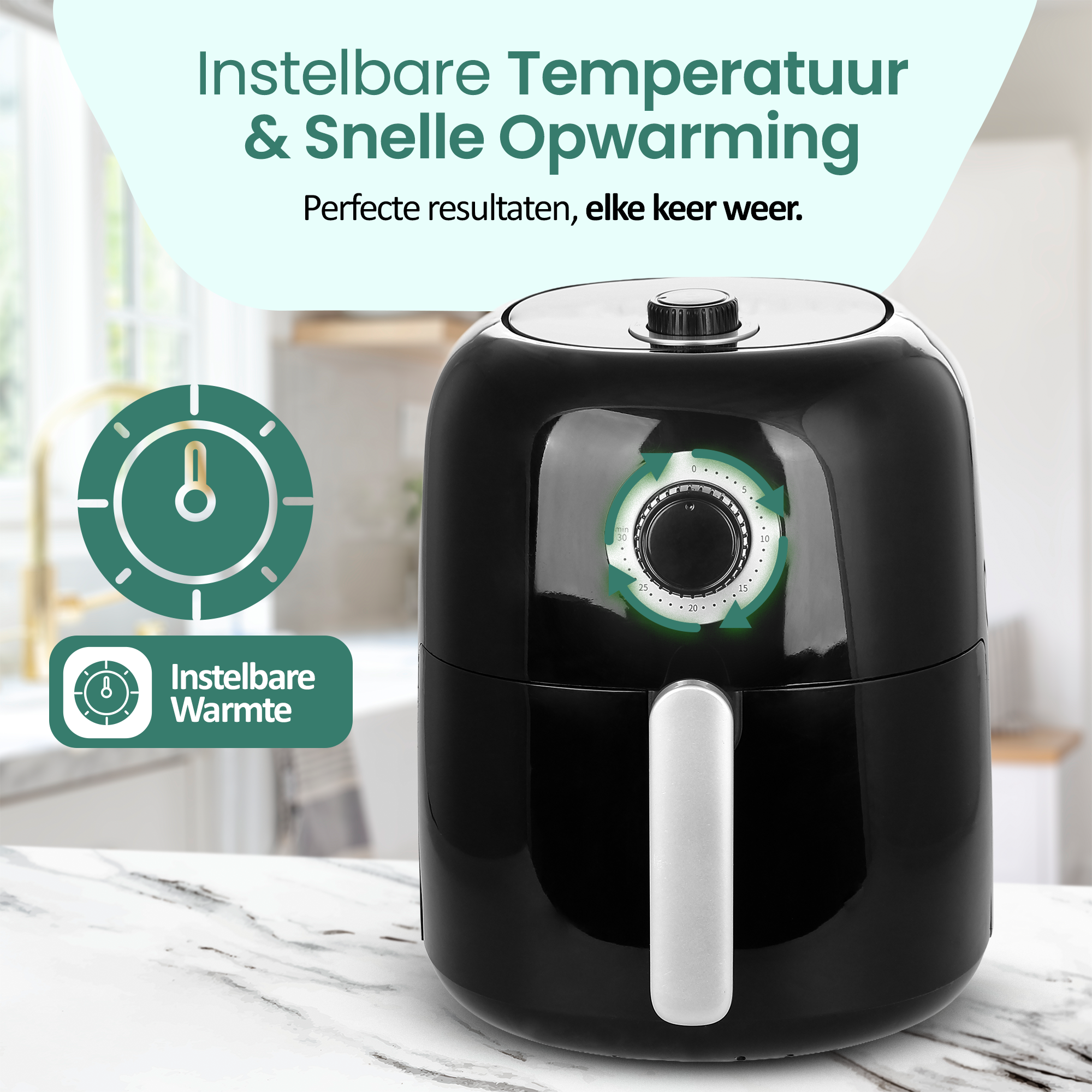 Zwarte airfryer met witte handgreep. Groene wijzerplaat en tekstoverlay. Marmeren aanrechtblad voor wazige keukenachtergrond.