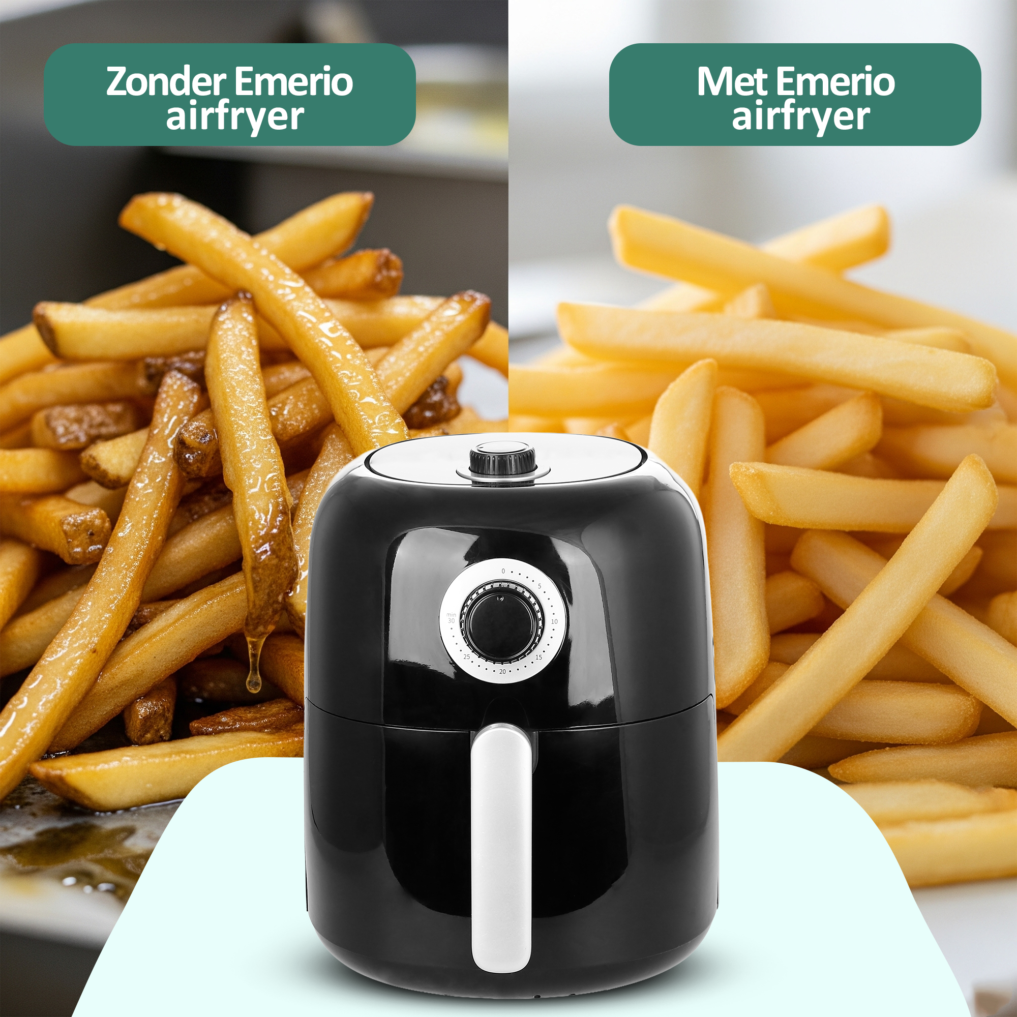 Afbeelding toont een airfryer, met friet aan weerszijden. Eén kant zegt 'zonder airfryer', de andere 'met airfryer'.