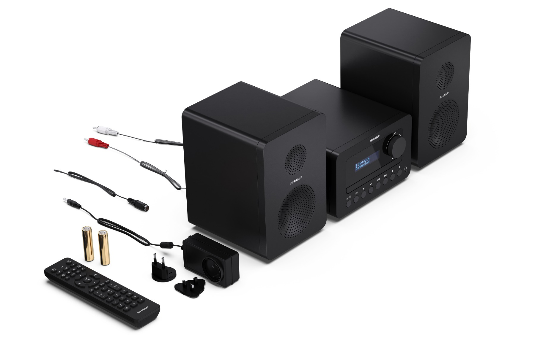 A black stereo system with speakers, cables, remote, and accessories on a white background. The system is by Sharp.