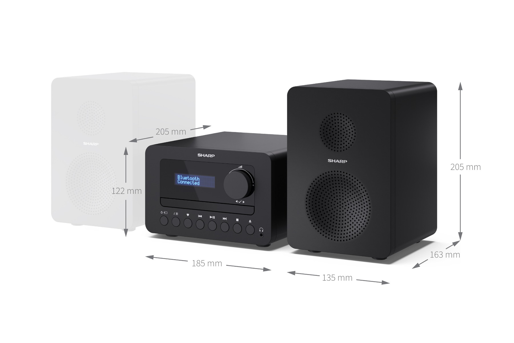 A black Sharp stereo system, with a speaker, a central unit with a screen, and a white speaker outline.