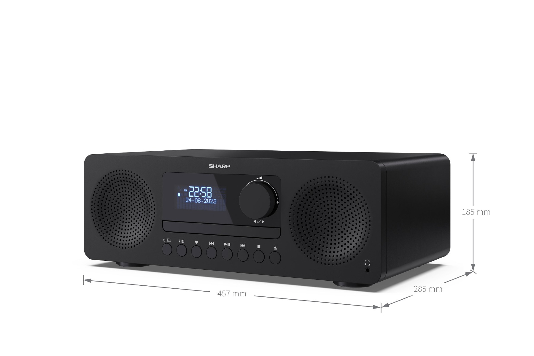 A black Sharp radio with a digital display showing 22:58 and the date. It has speakers, controls, and dimensions labeled.
