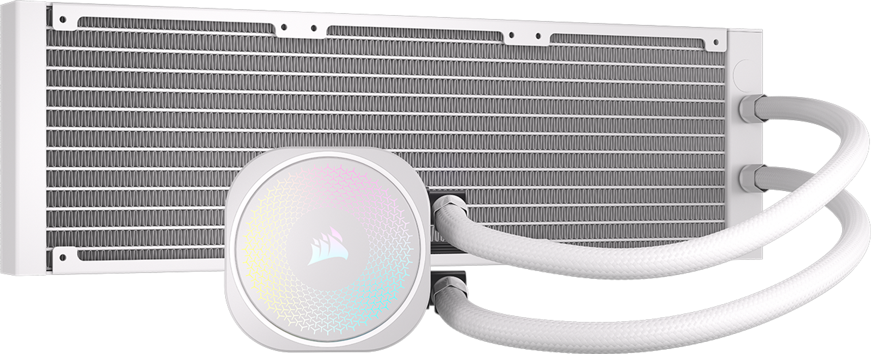 Biała chłodziarka cieczy do komputera. Posiada chłodnicę, pompę i węże. Pompa ma kolorowe światło.