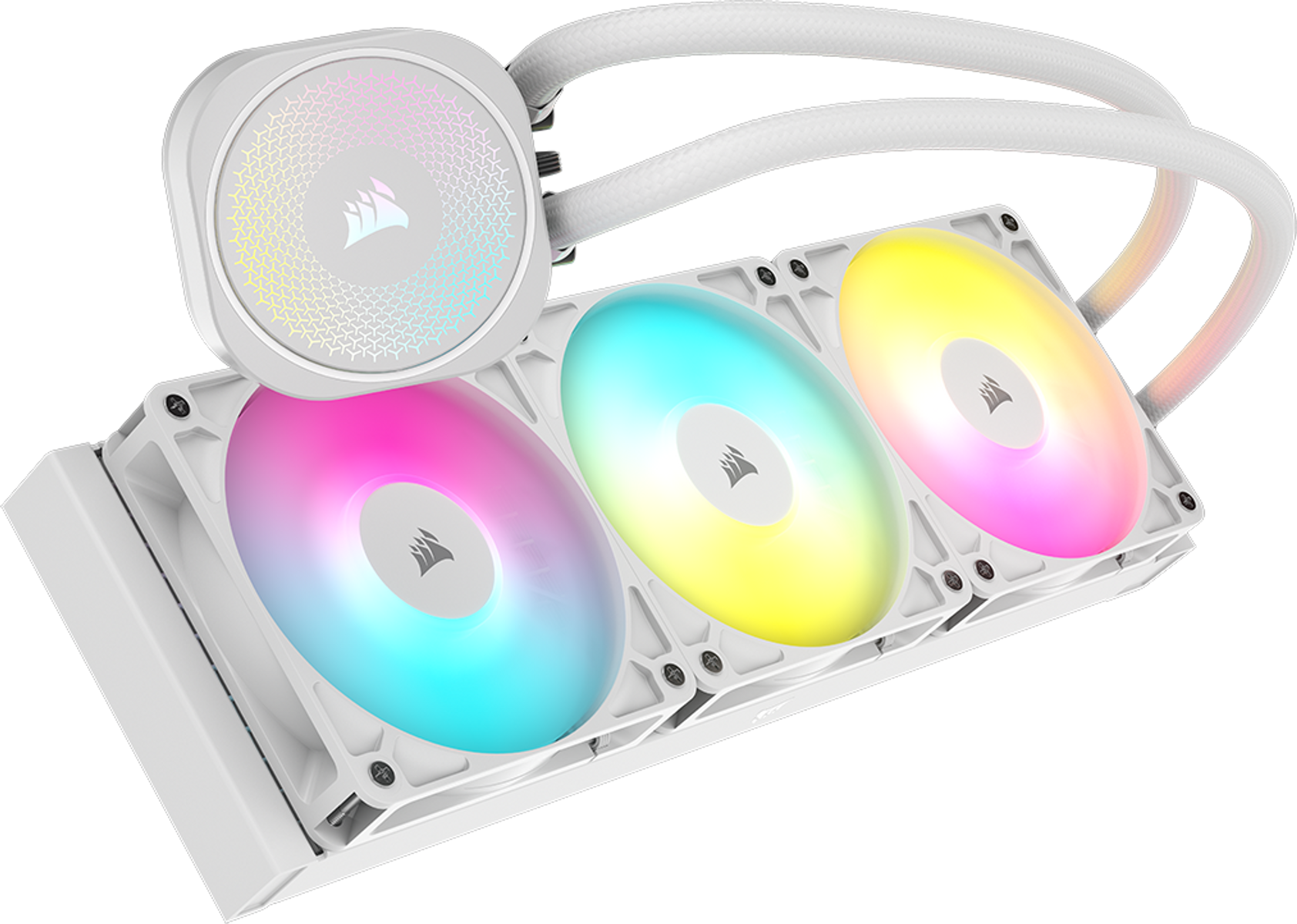 Biała chłodziarka cieczy do komputera z trzema wentylatorami pokazującymi kolorowe gradienty. Chłodziarka ma okrągłą pompę i białe rurki.