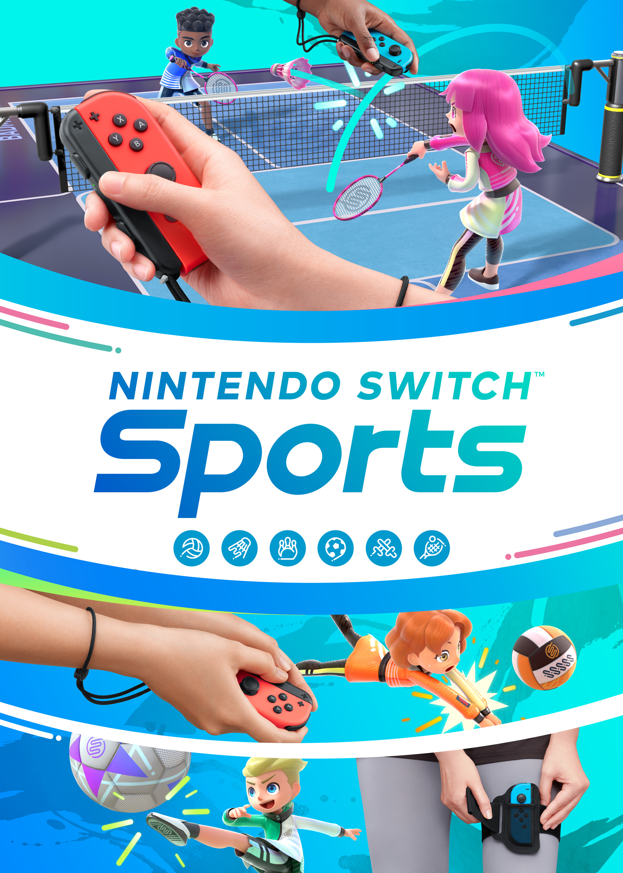 La imagen muestra la portada del juego Nintendo Switch Sports. Personas jugando bádminton, voleibol y fútbol con mandos.