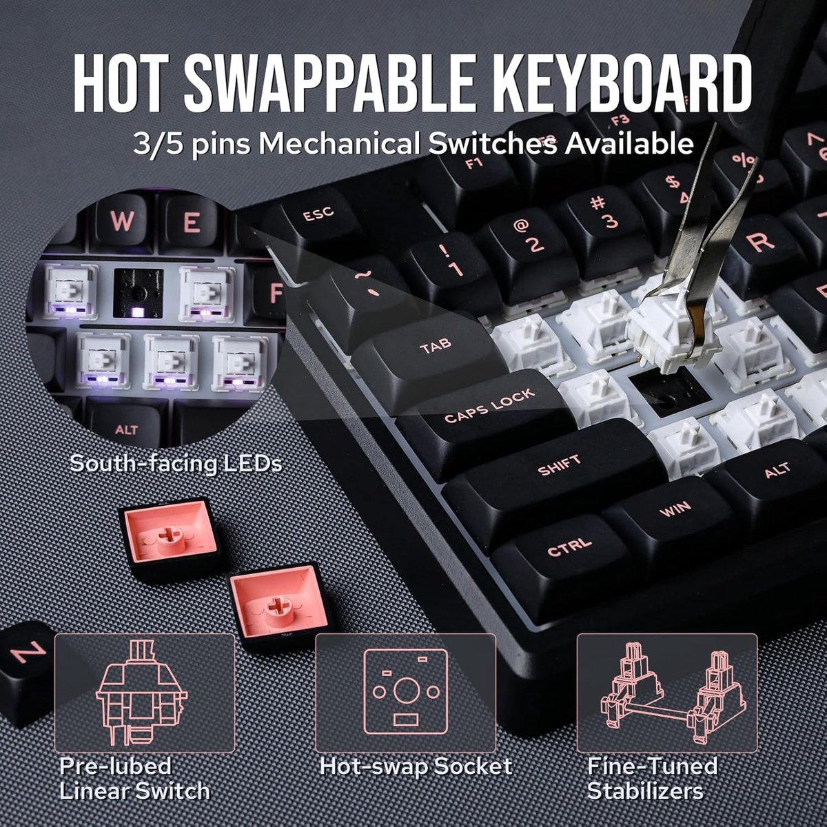 A close-up of a keyboard with keycaps removed, showing switches and components. Pink keycaps and diagrams are also shown.