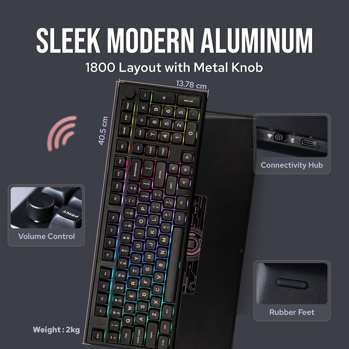 Black keyboard with RGB lights, volume control, and connectivity hub. The text says 'SLEEK MODERN ALUMINUM'.