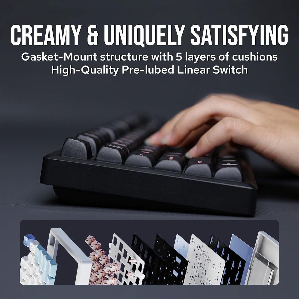 A hand typing on a black keyboard. Below, layers of keyboard components are displayed, including switches and cushions.