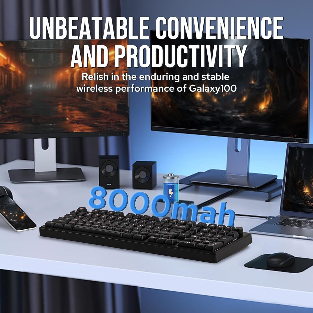 A keyboard and other tech items on a desk. The text '8000mah' is visible. Two monitors are in the background.