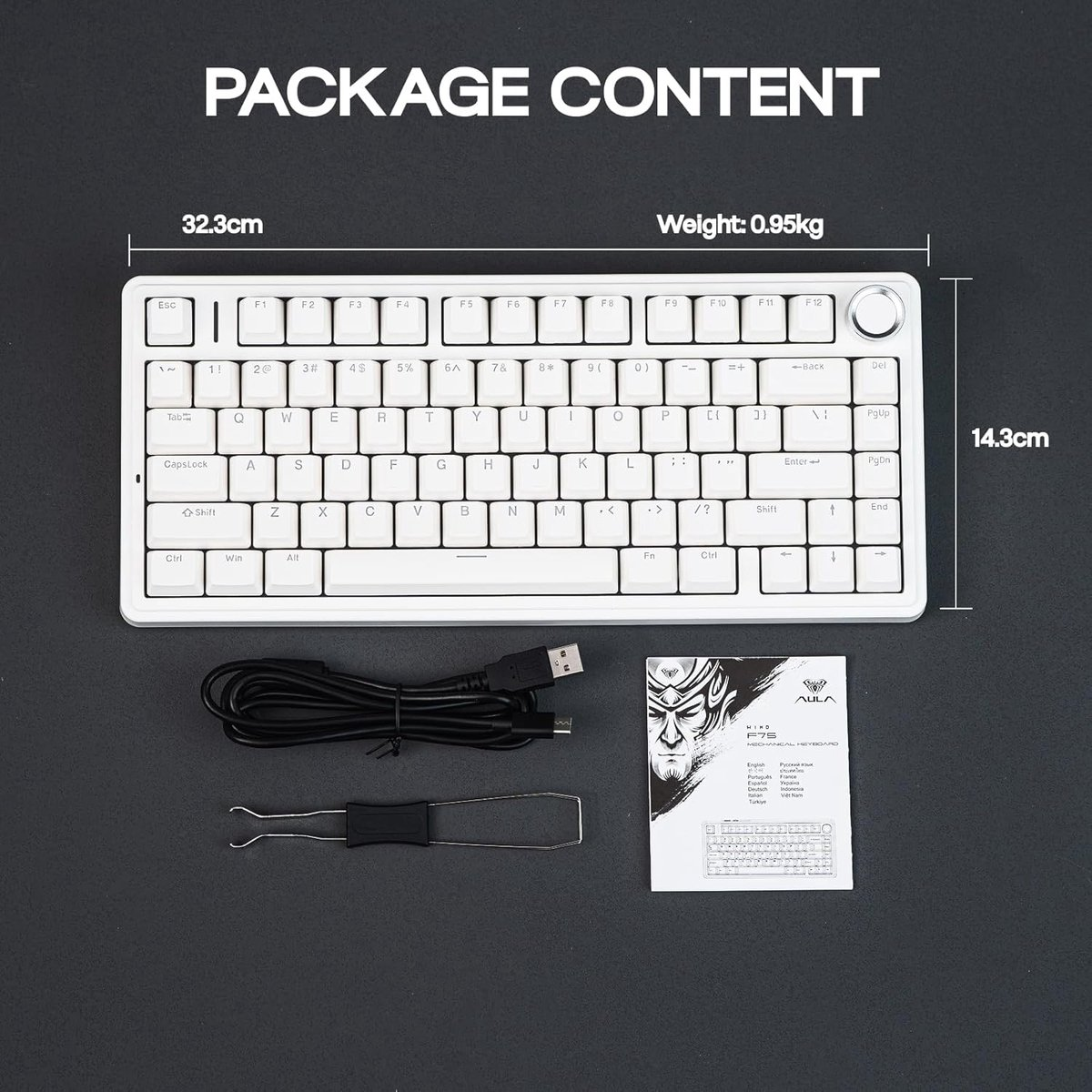 Wit toetsenbord met zwarte kabel, keycap-trekker en handleiding op een donker oppervlak. De inhoud van het pakket wordt weergegeven.