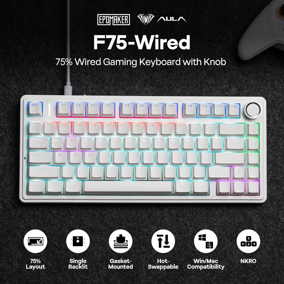 Een witte F75-Wired-toetsenbord met RGB-verlichting. Beschikt over een knop, 75% lay-out, enkele achtergrondverlichting en hot-swappable toetsen.