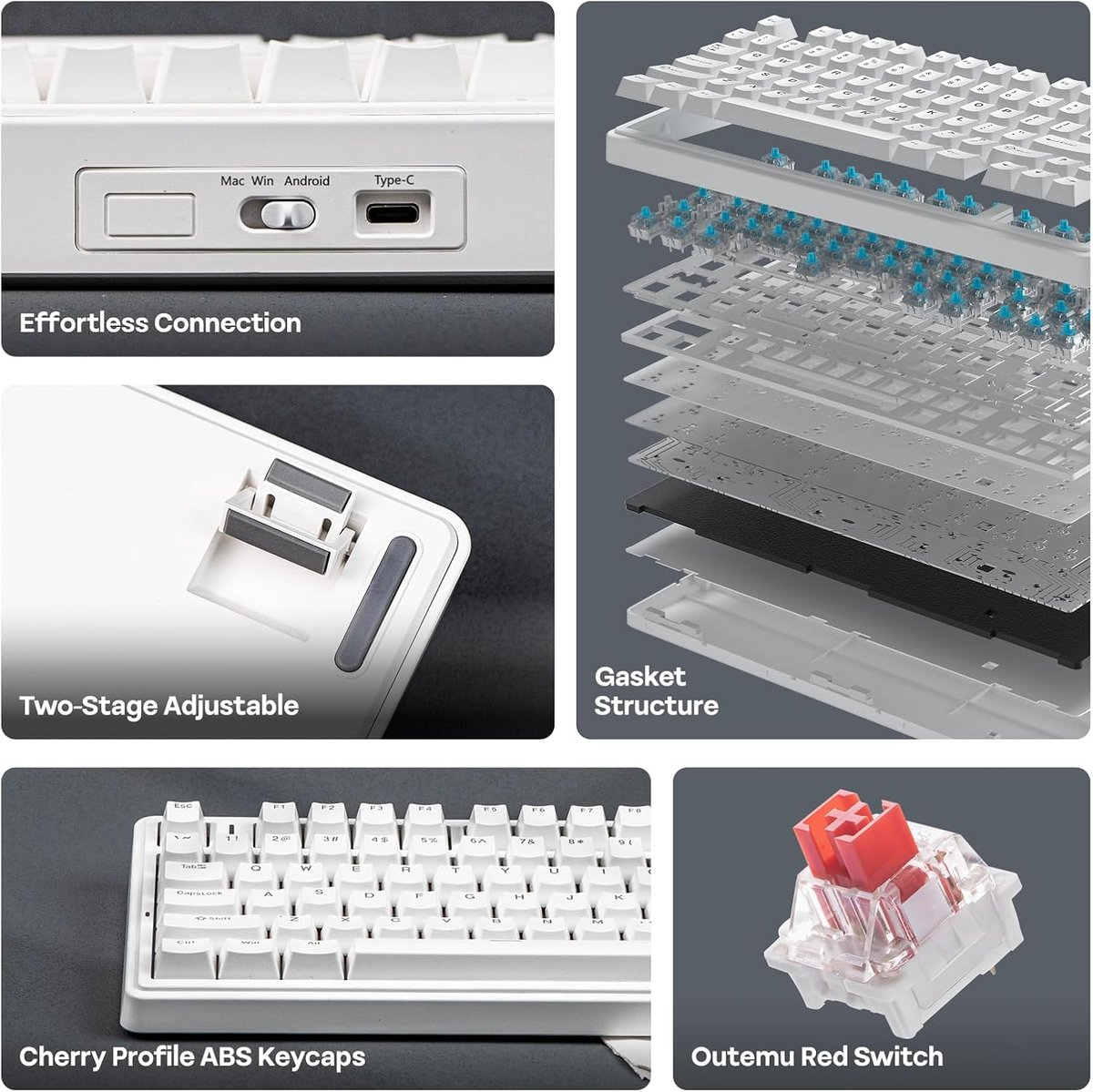 Een wit toetsenbord met diverse functies, waaronder aansluitmogelijkheden, verstelbare pootjes, keycaps en een rode switch, getoond in detailopnames.