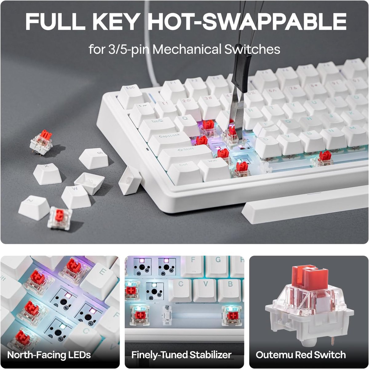 Wit toetsenbord met rode schakelaars die worden vervangen. Verschillende keycaps zijn verwijderd. Gedetailleerde opnamen van schakelcomponenten worden getoond.