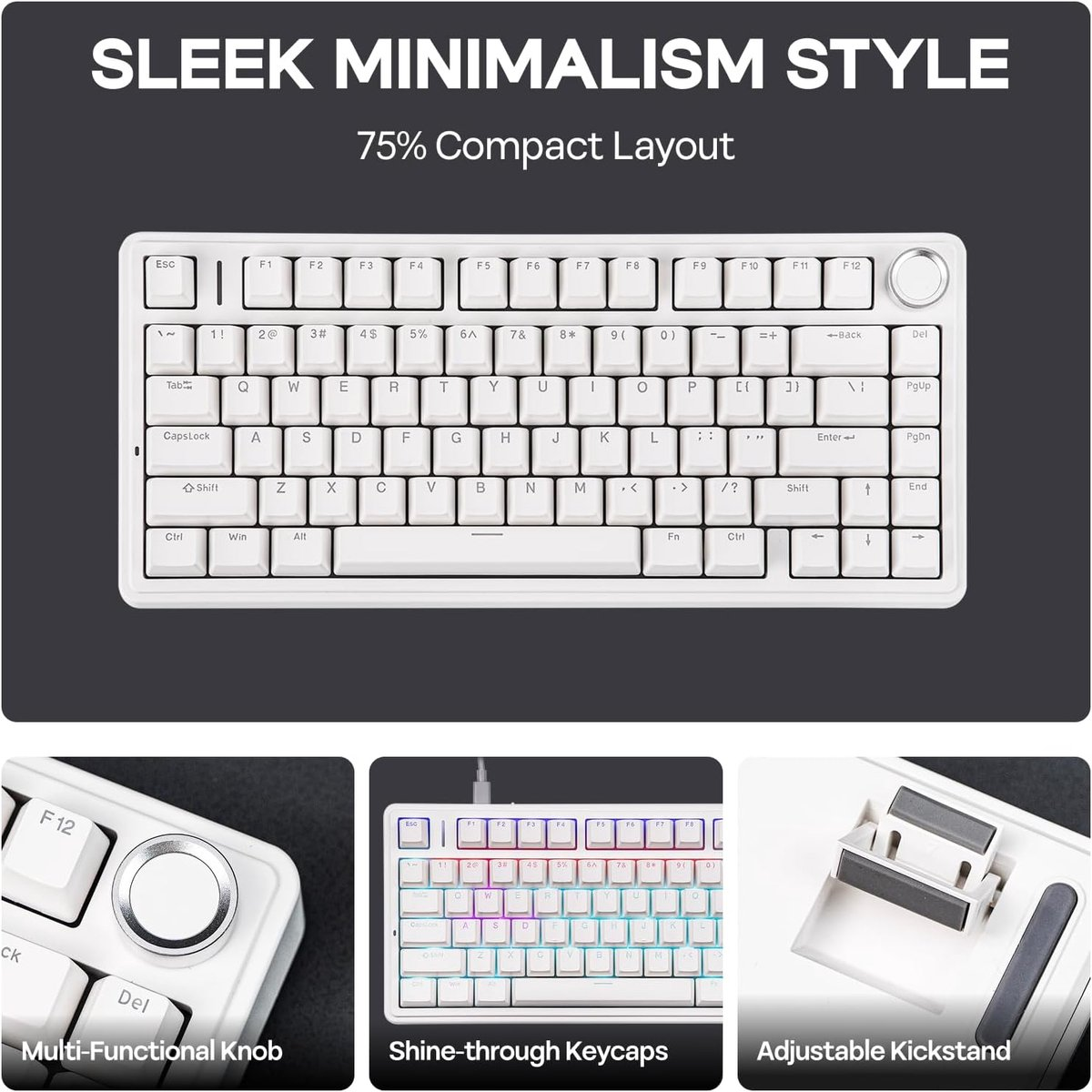 Wit toetsenbord met zwarte toetsen. Kenmerken: multifunctionele knop, doorschijnende keycaps en verstelbare standaard.