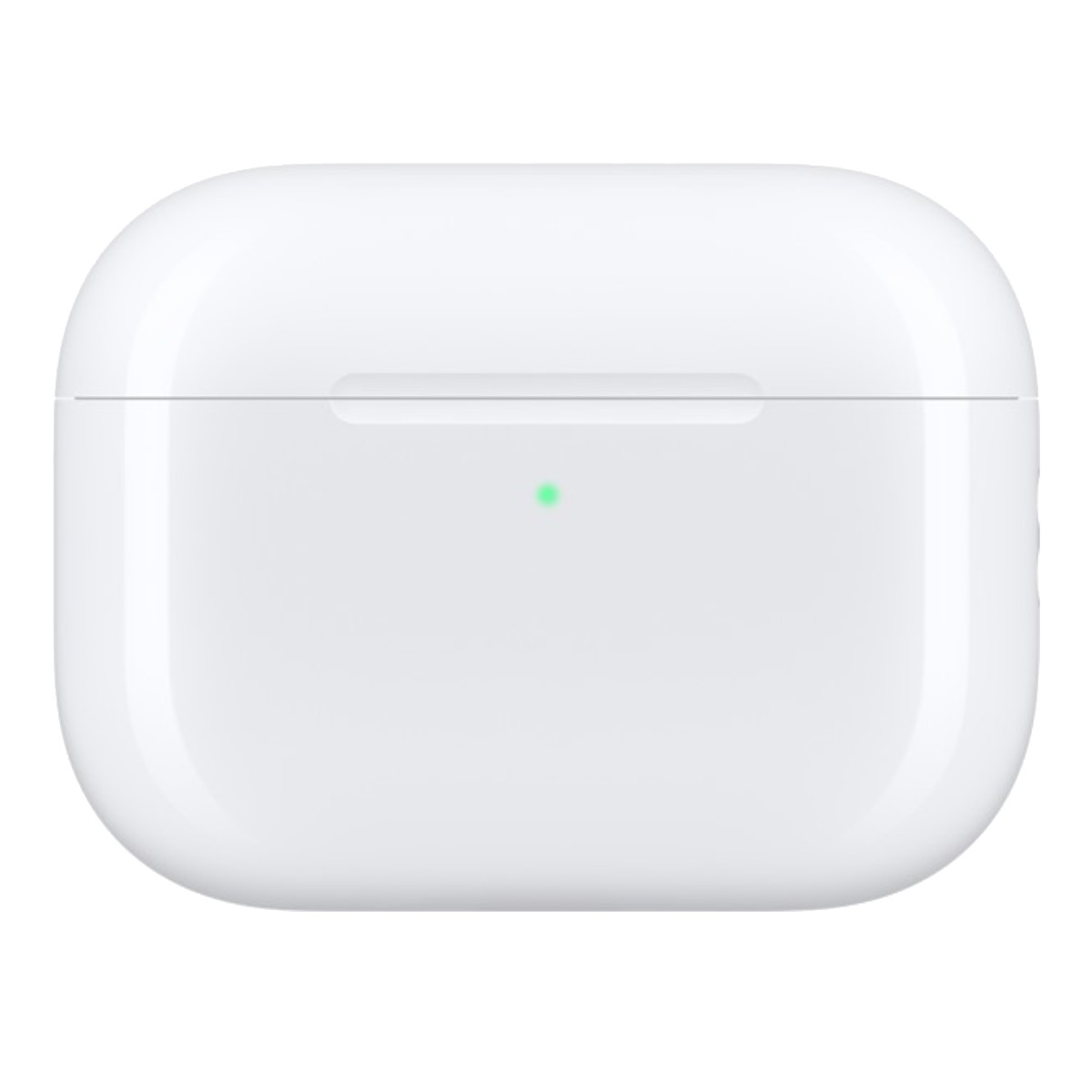 Beyaz bir AirPods Pro şarj kutusu. Kutu kapalı, küçük yeşil bir ışık görünüyor. Tasarım yuvarlak ve parlak.