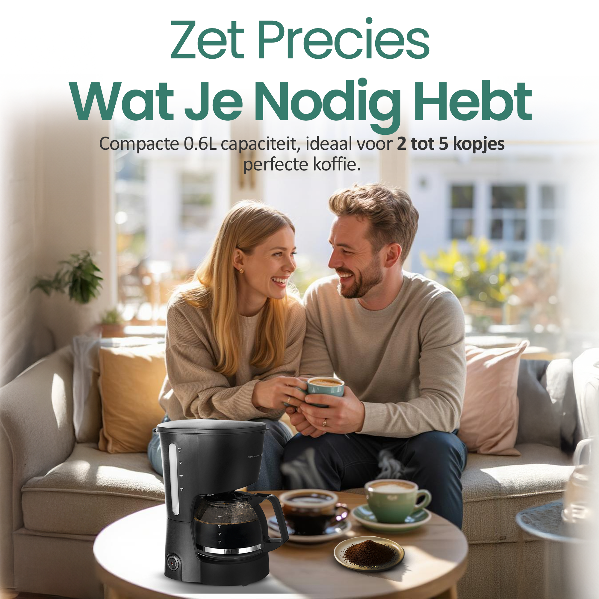 A couple smiles, holding coffee cups. A coffee maker and cups of coffee are on a table. Text: 'Zet Precies Wat Je Nodig Hebt'.