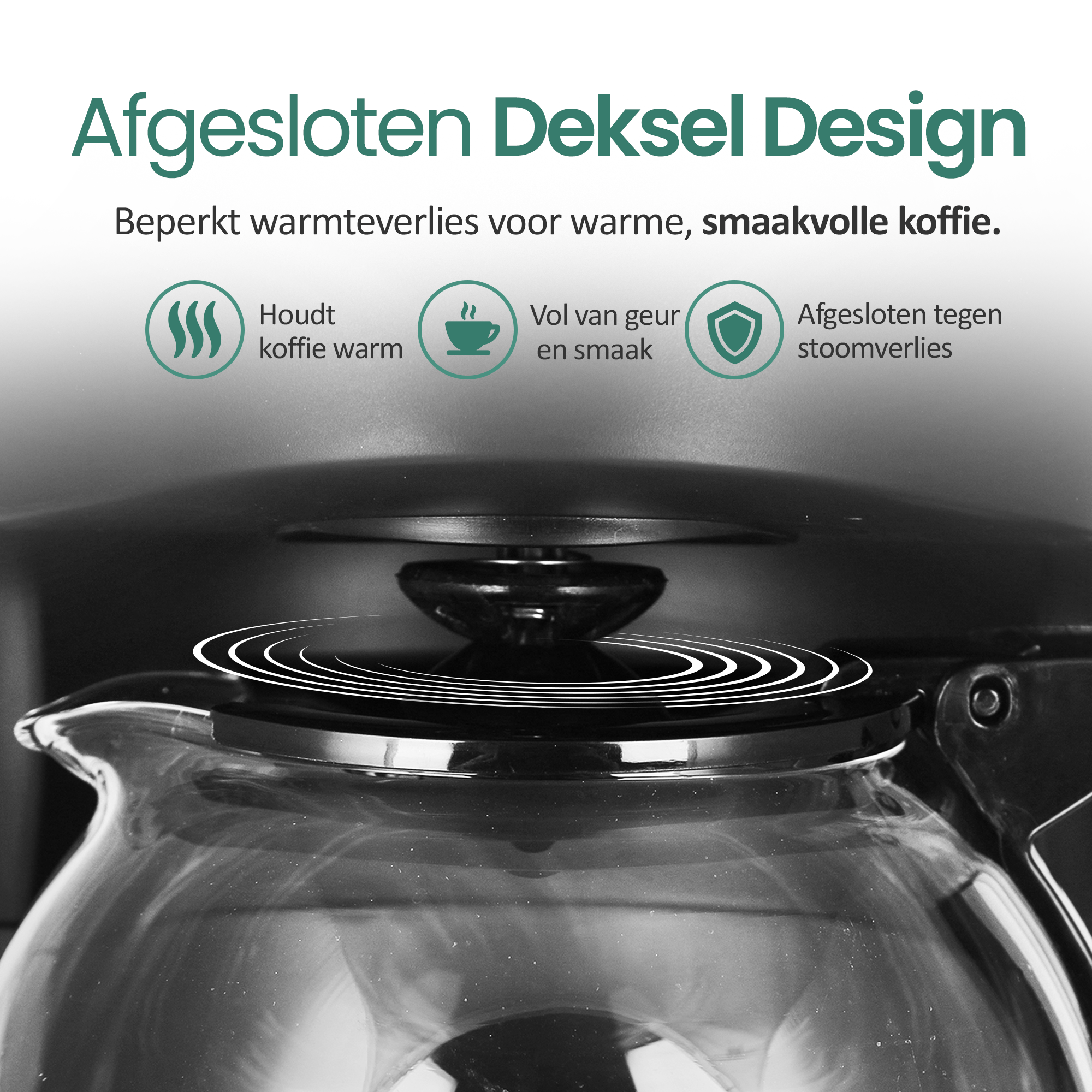 A coffee pot with a closed lid design. Text highlights coffee warmth, aroma, and steam loss prevention.