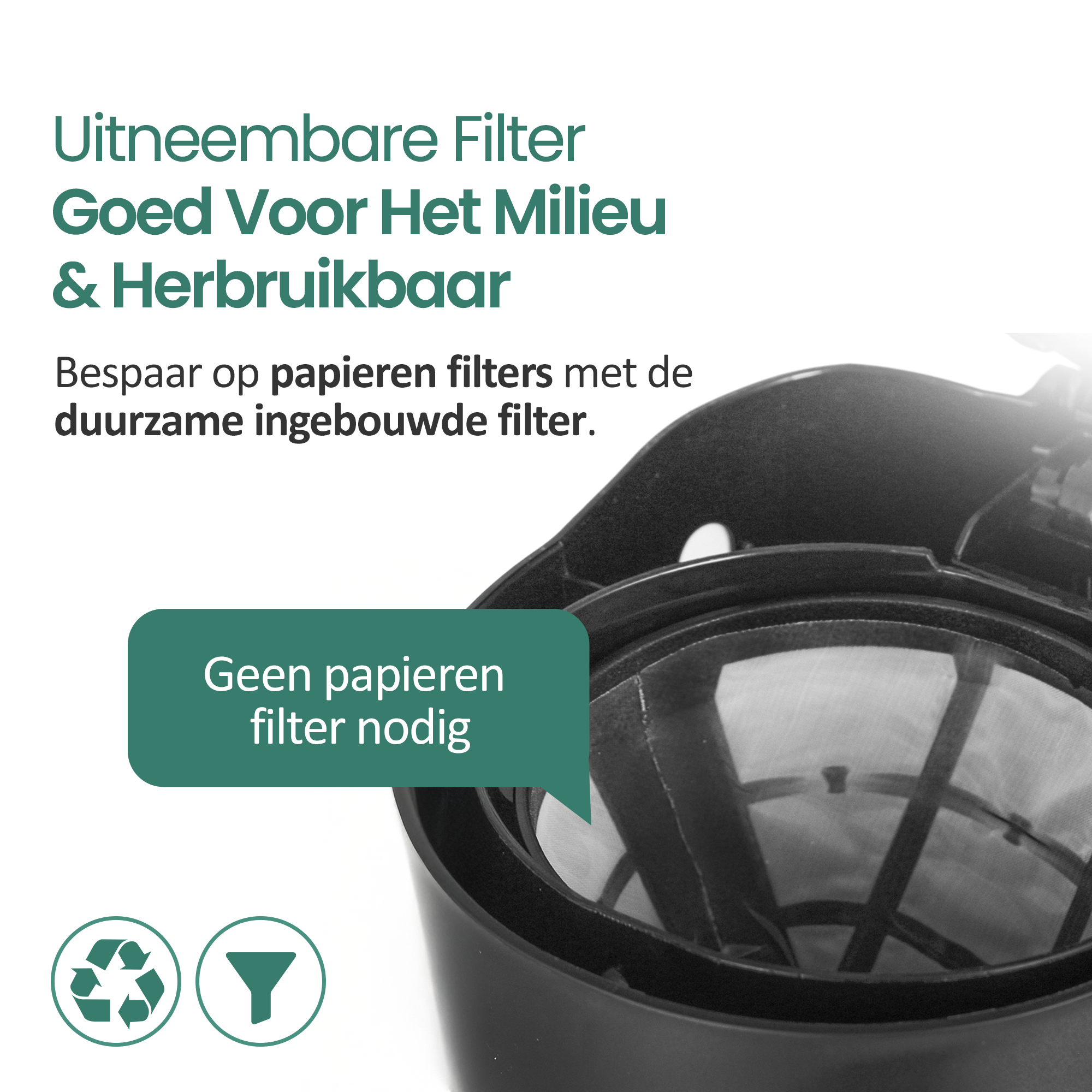 A coffee maker with a reusable filter. Text says 'Removable Filter' and 'Good for the Environment'.