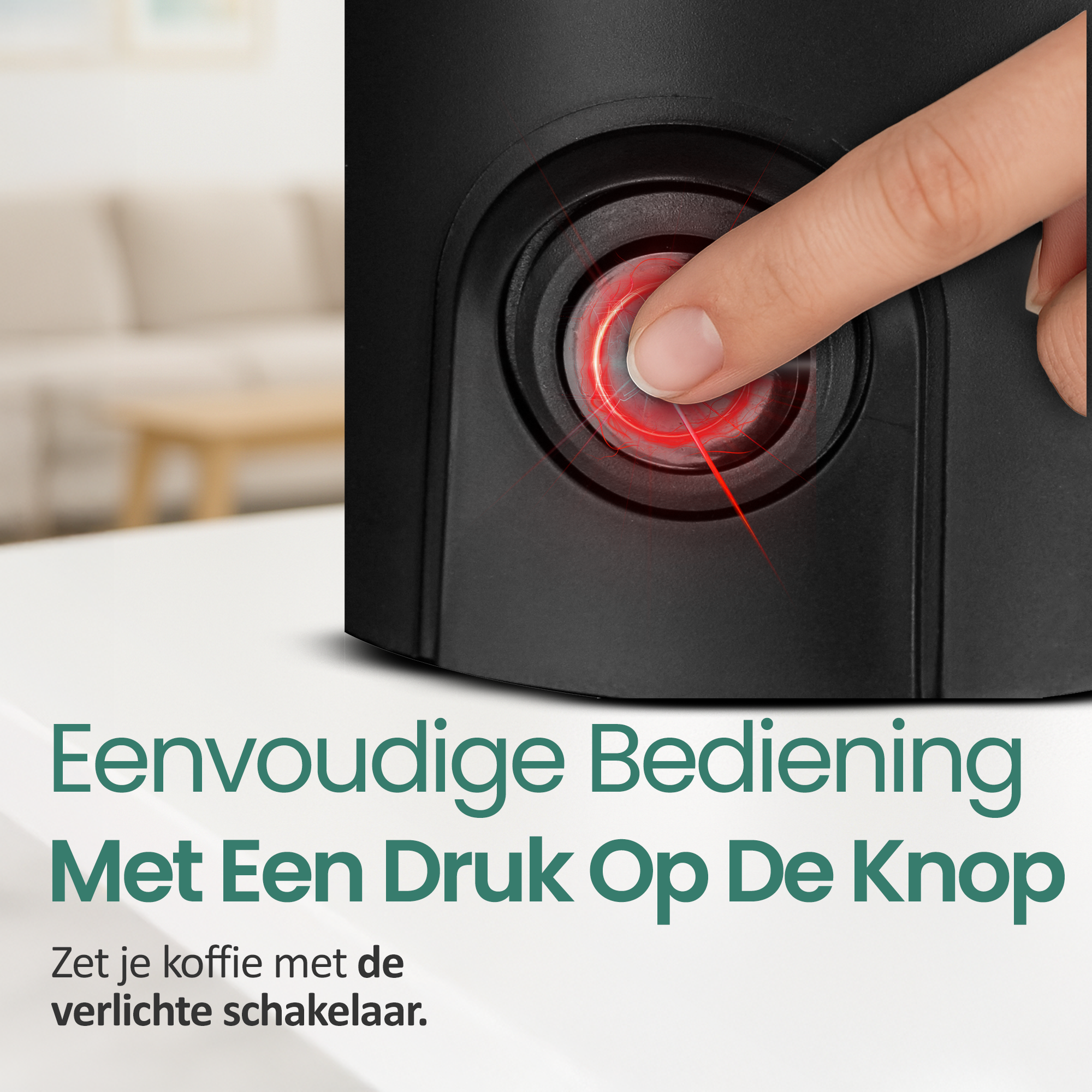 A finger presses a red-lit button on a black appliance. Text reads, 'Easy Operation With One Push Of The Button'.