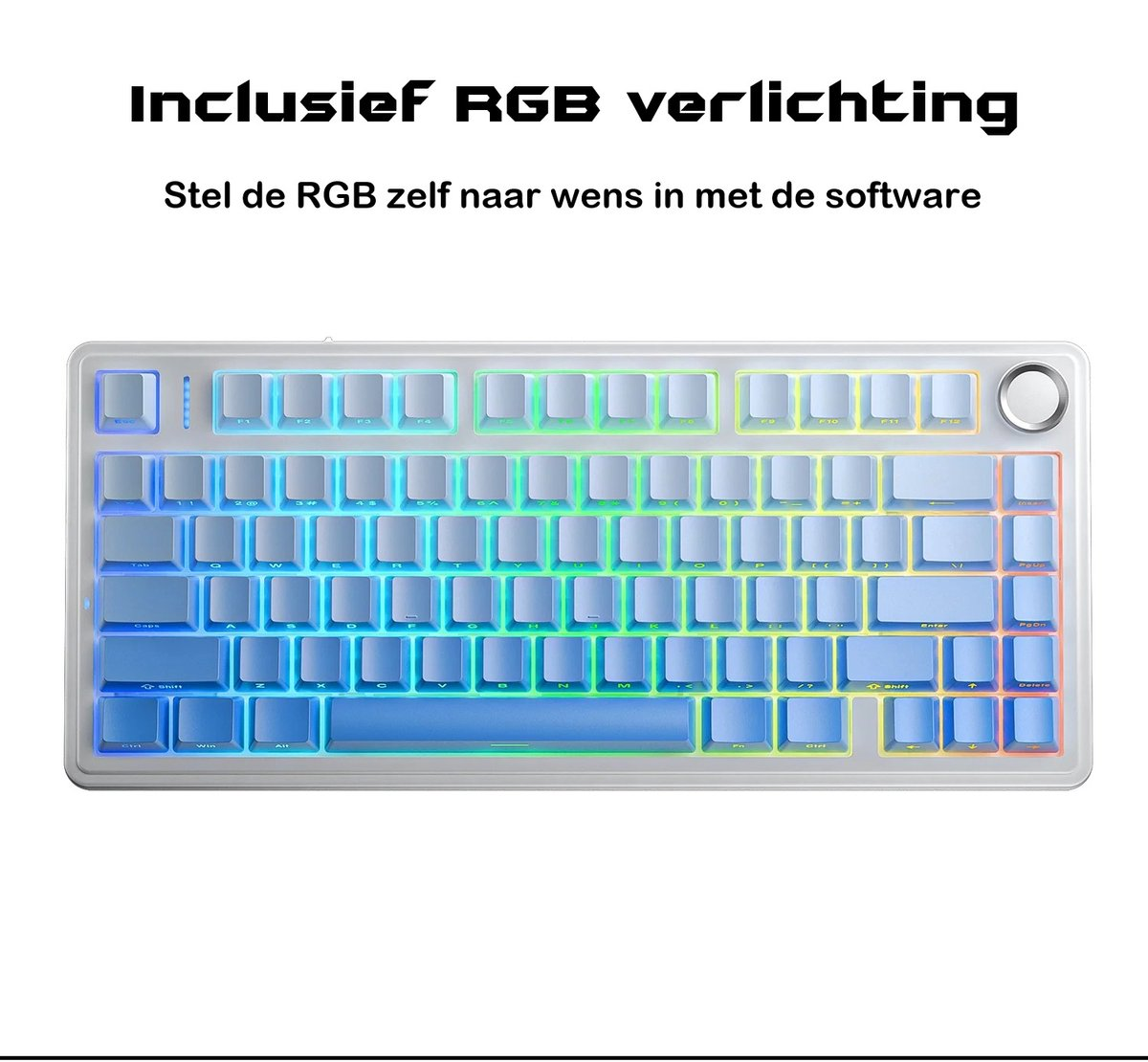 Eine weiße Tastatur mit RGB-Beleuchtung. Die Tasten leuchten in einem Farbverlauf. Der Text oben lautet: RGB-Beleuchtung inklusive.