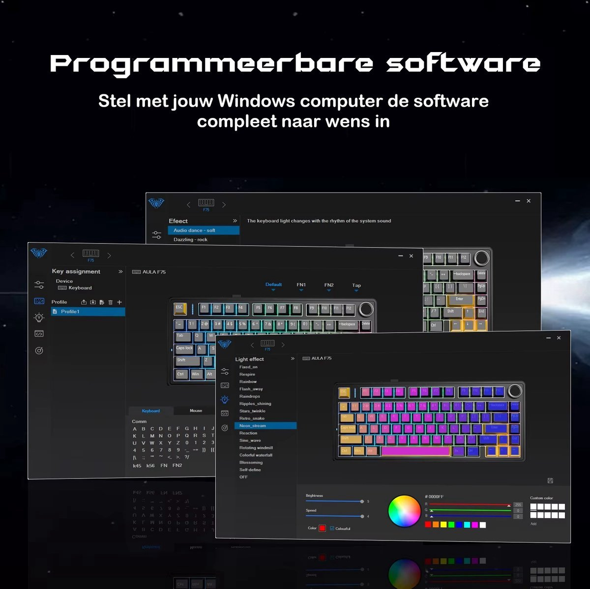 Ein Computerbildschirm zeigt Software zur Tastaturanpassung mit Farboptionen und Lichteffekten.