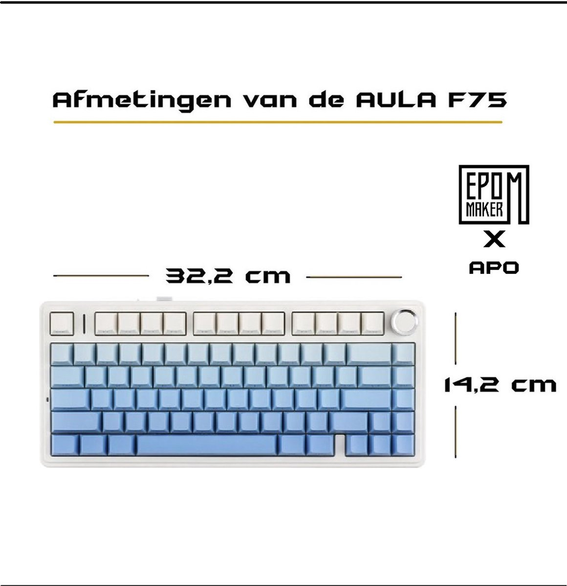 AULA F75-Tastatur mit blau verlaufenden Tasten. Maße: 32,2 cm x 14,2 cm. EPOM Maker Logo sichtbar.