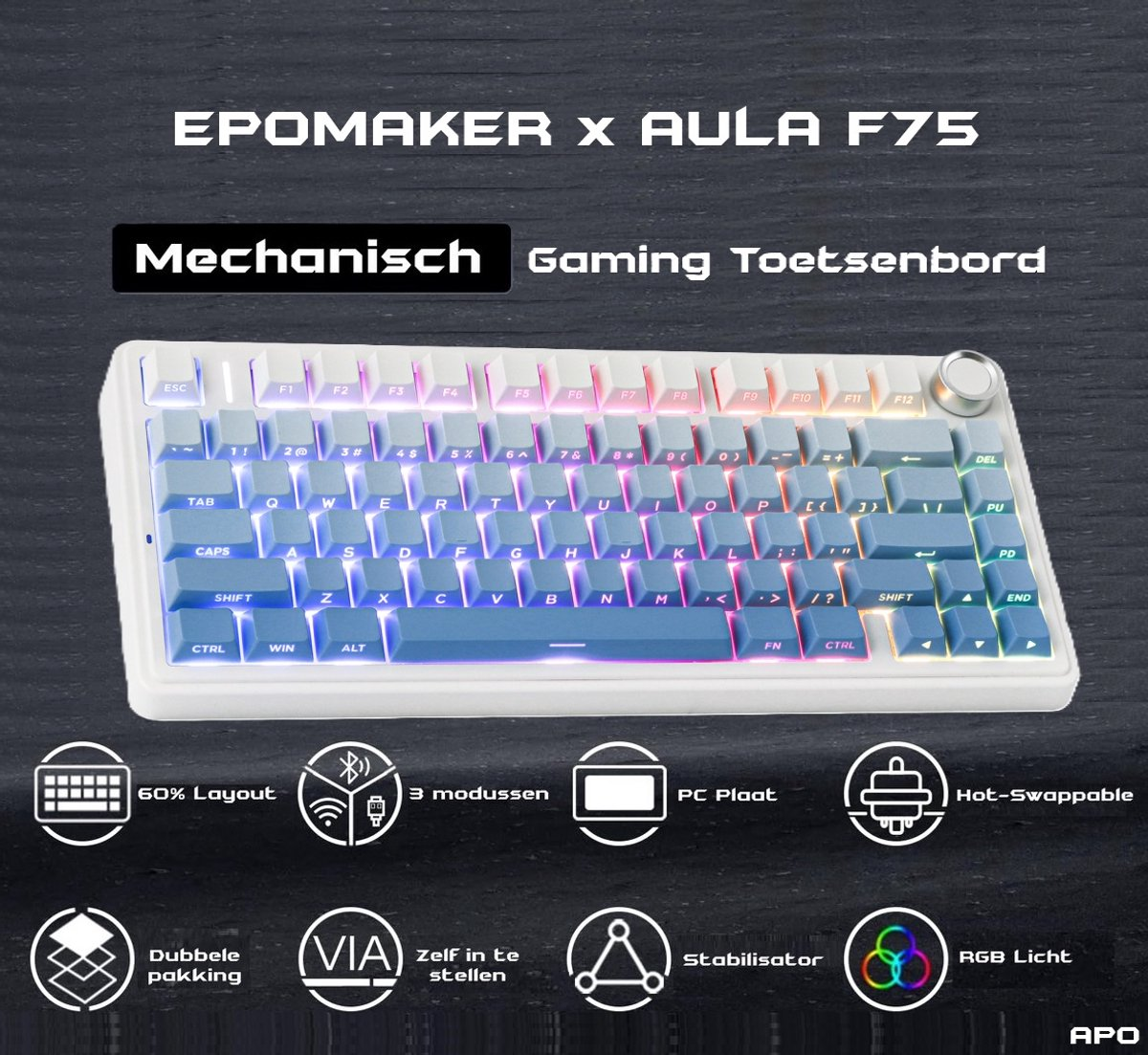 Eine weiße und blaue mechanische Gaming-Tastatur. Merkmale sind 60% Layout, RGB-Beleuchtung und Hot-Swap-Tasten.