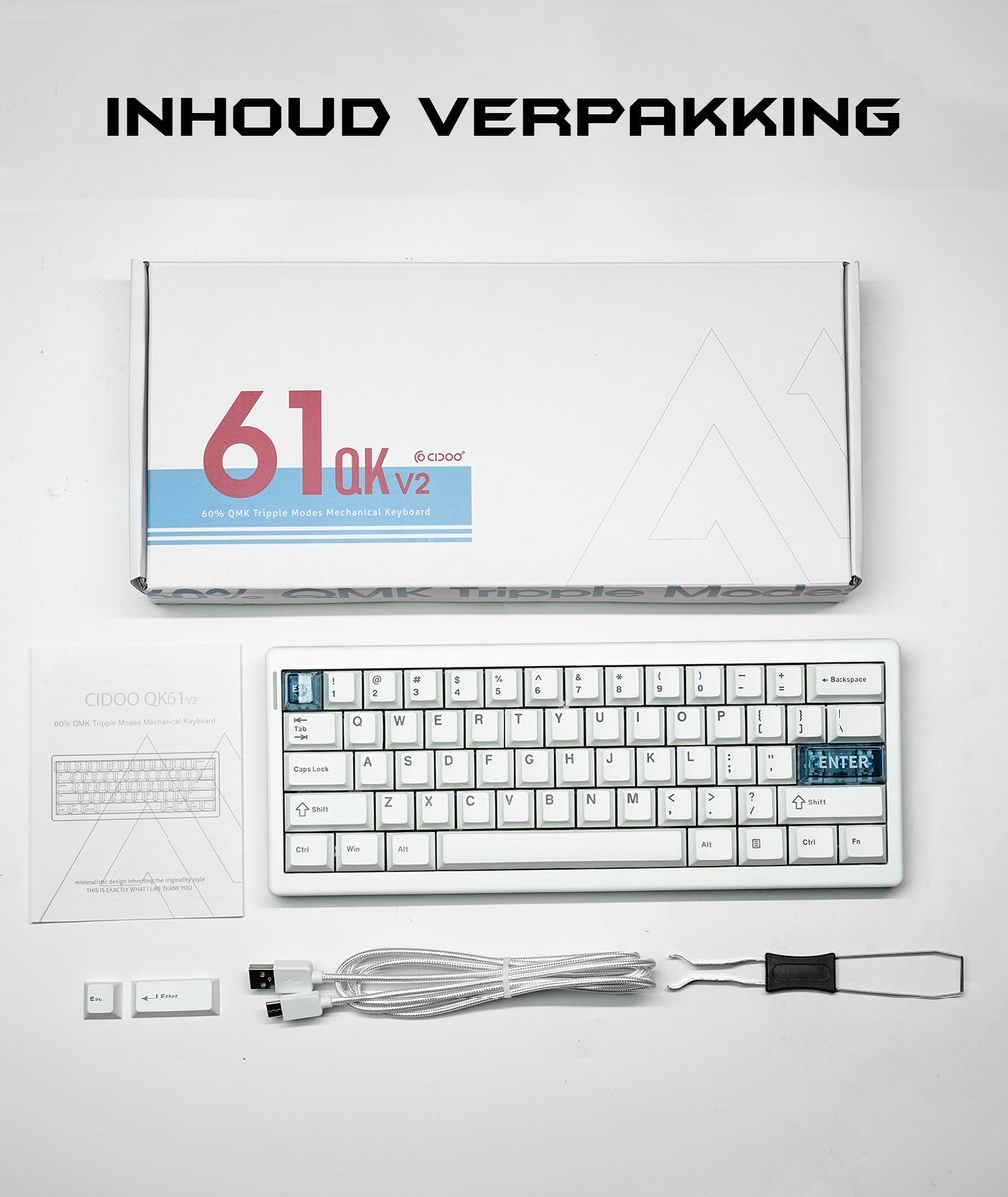 A white keyboard, box and cable are on a white surface. The box reads '61QK v2'. The keyboard has white keys.