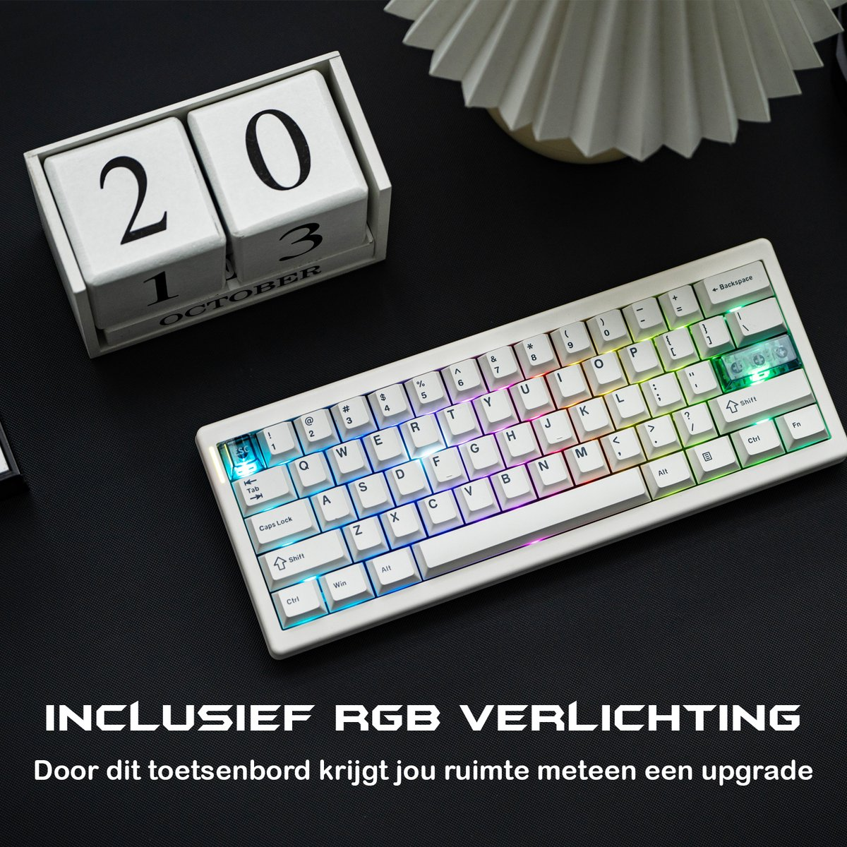 White keyboard with RGB lighting, next to a calendar displaying October 1, 20. Black surface with product description.