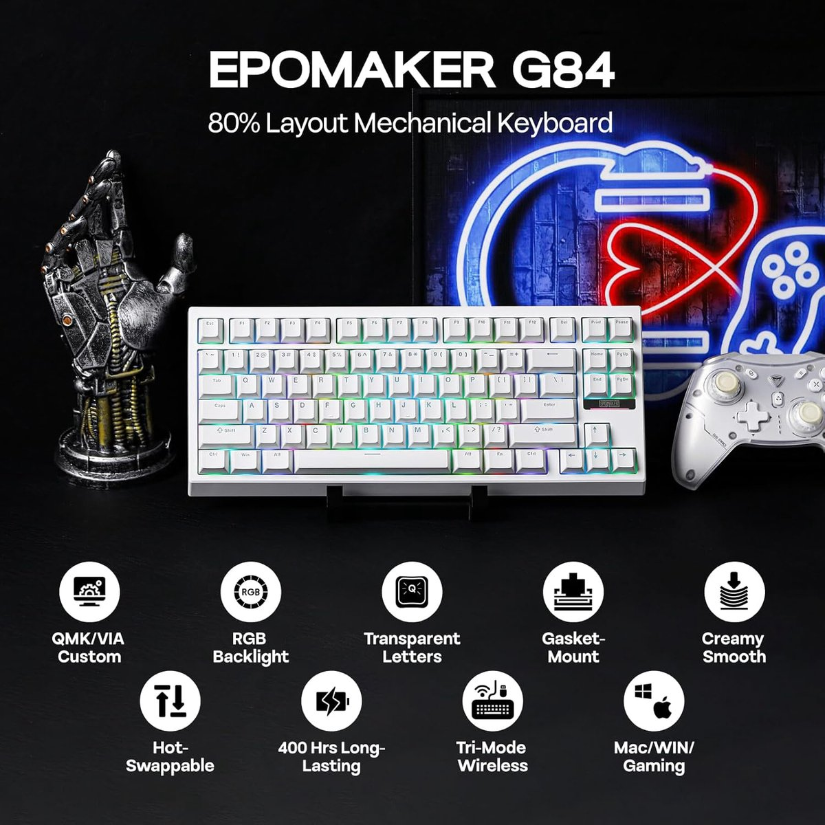 Witte Epomaker G84-toetsenbord met RGB-achtergrondverlichting, controller en functie-iconen op zwarte achtergrond.