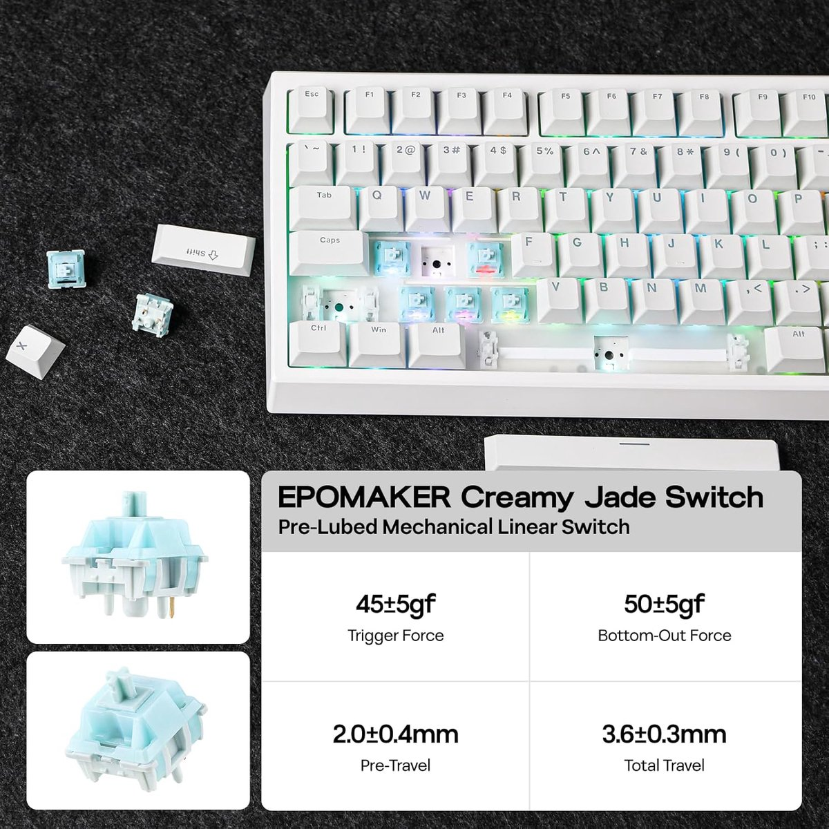 Een wit toetsenbord met enkele toetsen verwijderd. Blauwe mechanische switches zijn zichtbaar. Gegevens over de switches worden weergegeven.