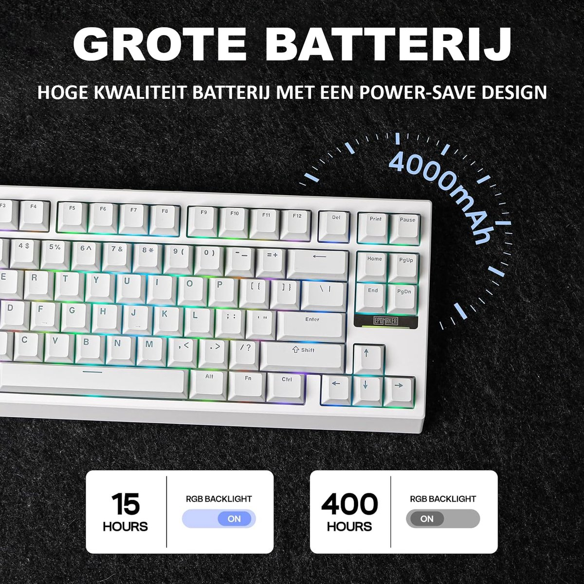 Een wit toetsenbord op een donkere achtergrond. Tekst benadrukt de batterijduur en RGB-achtergrondverlichting. 4000mAh batterij.
