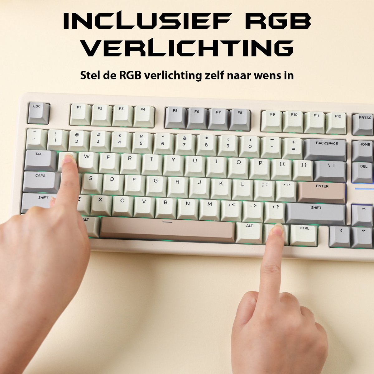 Hands typing on a white keyboard with RGB lighting. The words 'INCLUSIEF RGB VERLICHTING' are at the top.