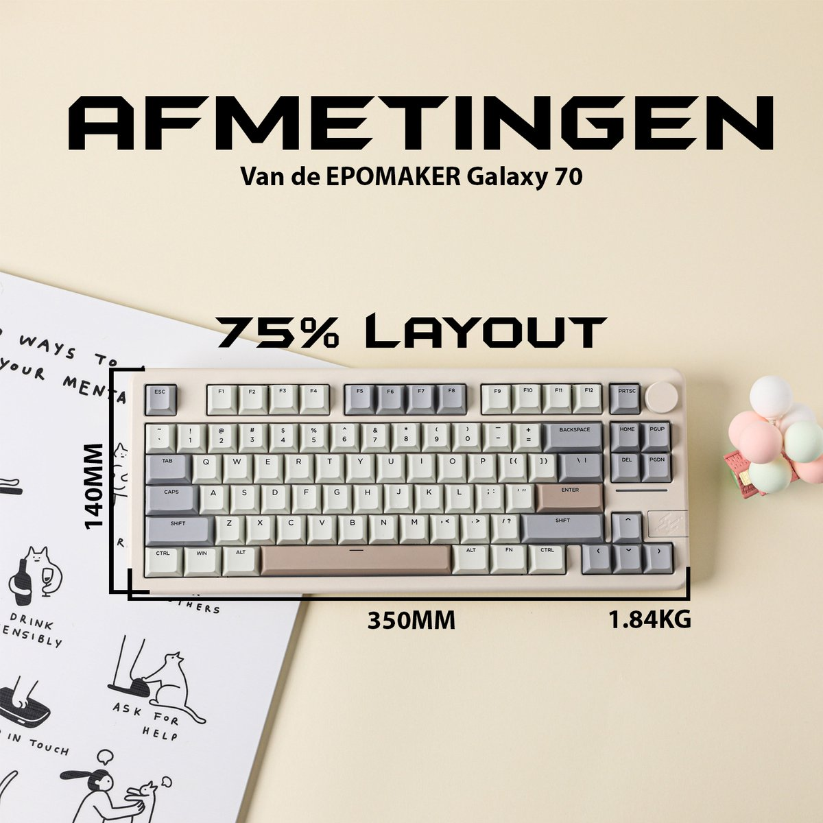 A keyboard with a 75% layout is shown. Text says 'AFMETINGEN' and 'Van de EPOMAKER Galaxy 70'.