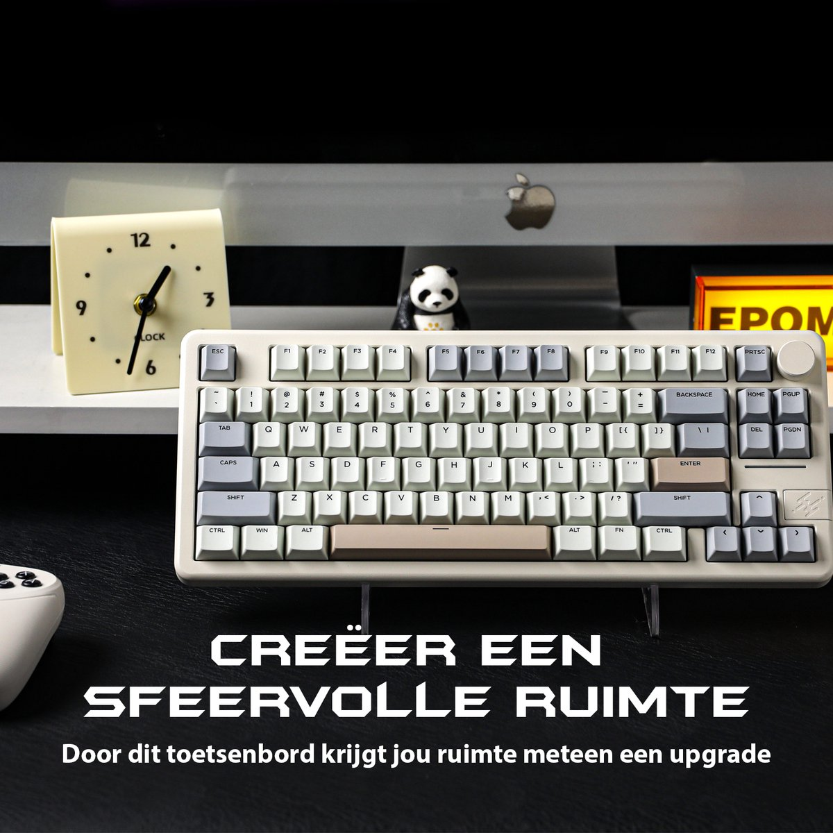 A keyboard, clock, panda figurine, and monitor are on a desk. Text reads: 'Create a stylish space'.